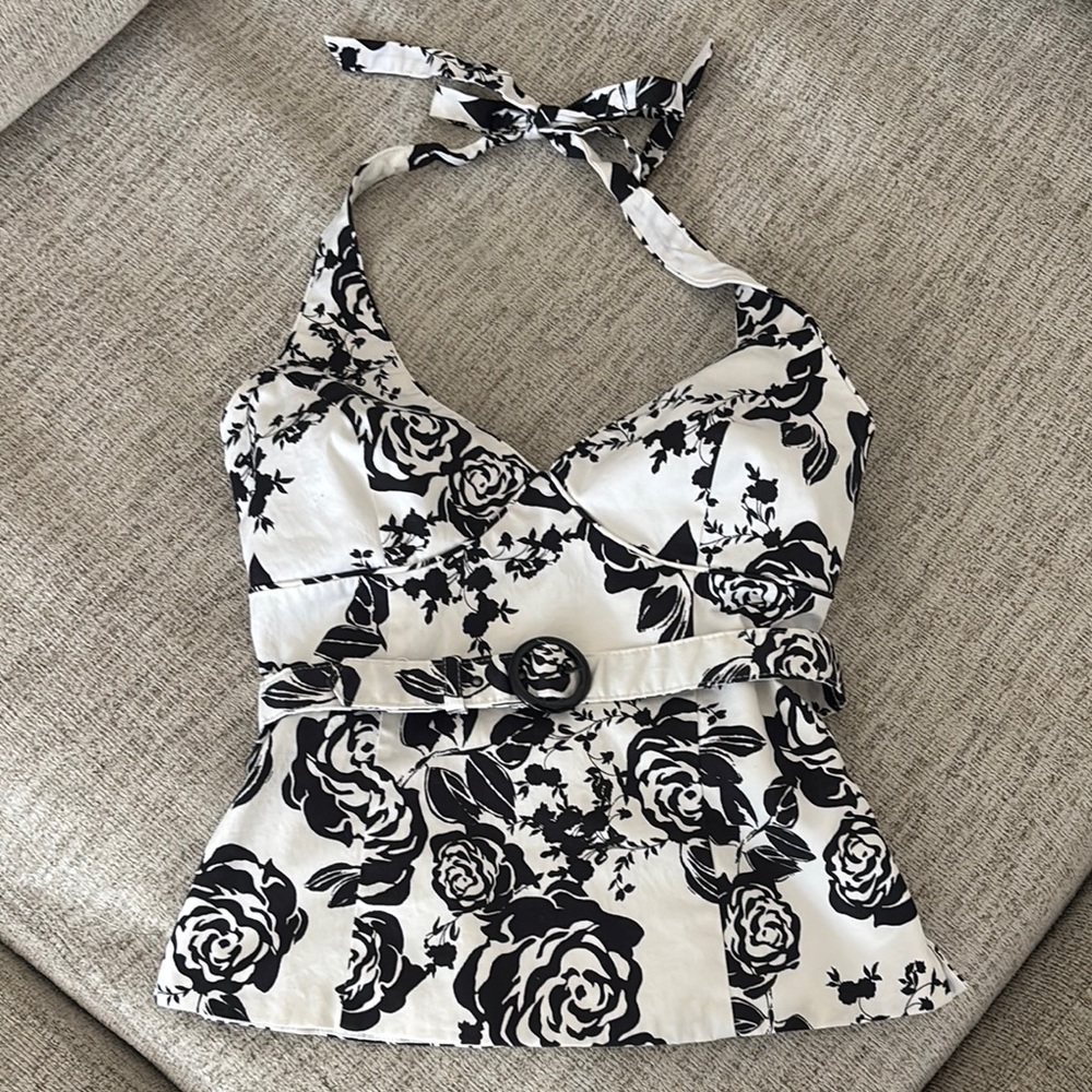 White House Black Market Black and White Floral Halter Top